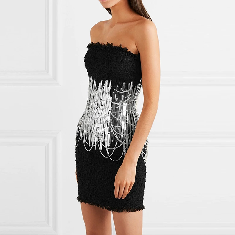 

New Stylish 2019 Designer Dresses Women's Chain Sequined Strapless Tube Dress