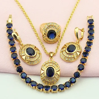 

WPAITKYS Oval Blue Cubic Zirconia Gold Color Jewelry Sets For Women Turkish Jewelry Earrings Pendant Ring Bracelet Free Gift Box