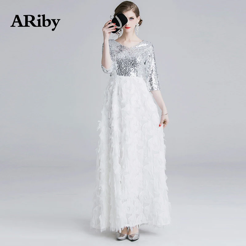Women Dress Long Maxi Party White Dress 2019 Spring/Summer Lady Fashion Elegant Sequined+Tassel Patchwork V-Neck A-Line Dress