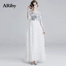 Women Dress Long Maxi Party White Dress 2019 Spring/Summer Lady Fashion Elegant Sequined+Tassel Patchwork V-Neck A-Line Dress