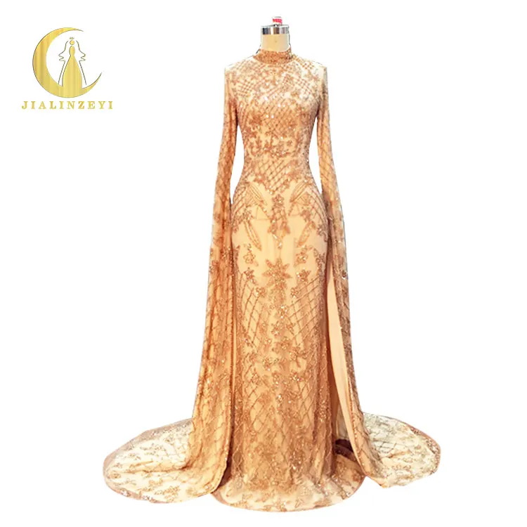JIALINZEYI Real Image Sample Luxurious Full Hand Work Beads High Neck Long Trian Mermaid Party Prom dresses evening dress | Свадьбы и