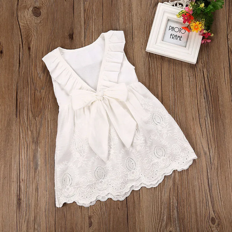 

Hot Sale arrival Baby Girl Dress Summer Sleeveless Backless Ruffled Lace Dress Cute Solid White Party Bridesmaid Pageant Dresses
