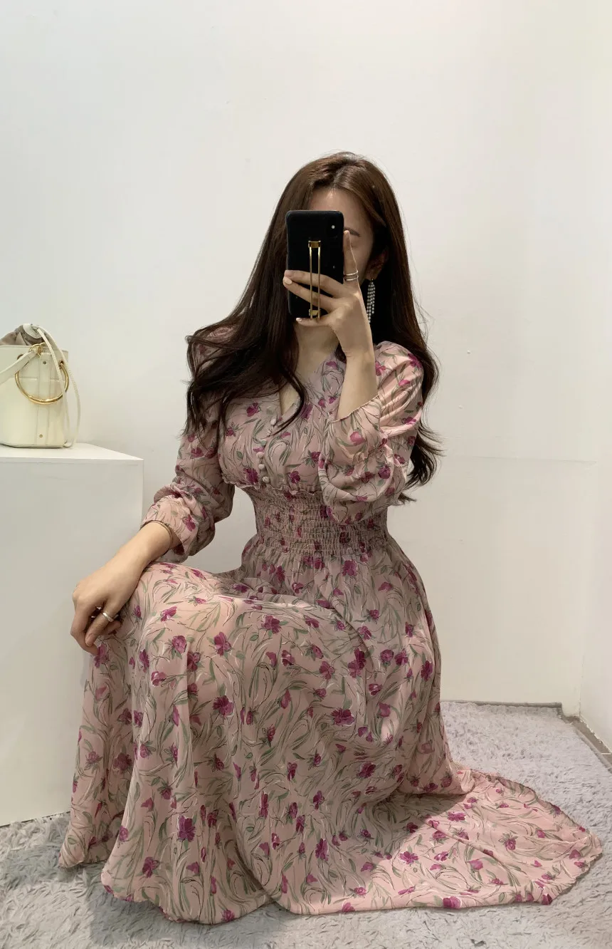 Женское платье с цветочным рисунком, шифоновое, длинное, Пляжное, элегантное, весеннее, розовое, в Корейском стиле, с длинным рукавом, с v-образным вырезом, ropa mujer Sukienki