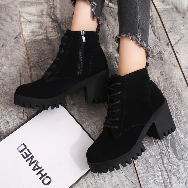 E TOY WORD Autumn women's boots Round Toe High Heels thick-soled boots Lace Up Fashion Women Winter Boots Shoes bota feminina