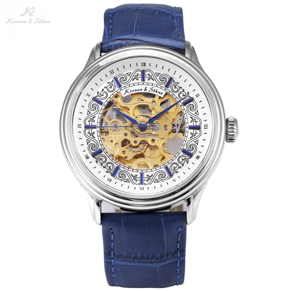 

KS Royal Mens Watches Top Brand Luxury Hollow Horloge Self Wind Watch Blue Leather Strap Dress Wristwatch Mechanical Clock/KS387