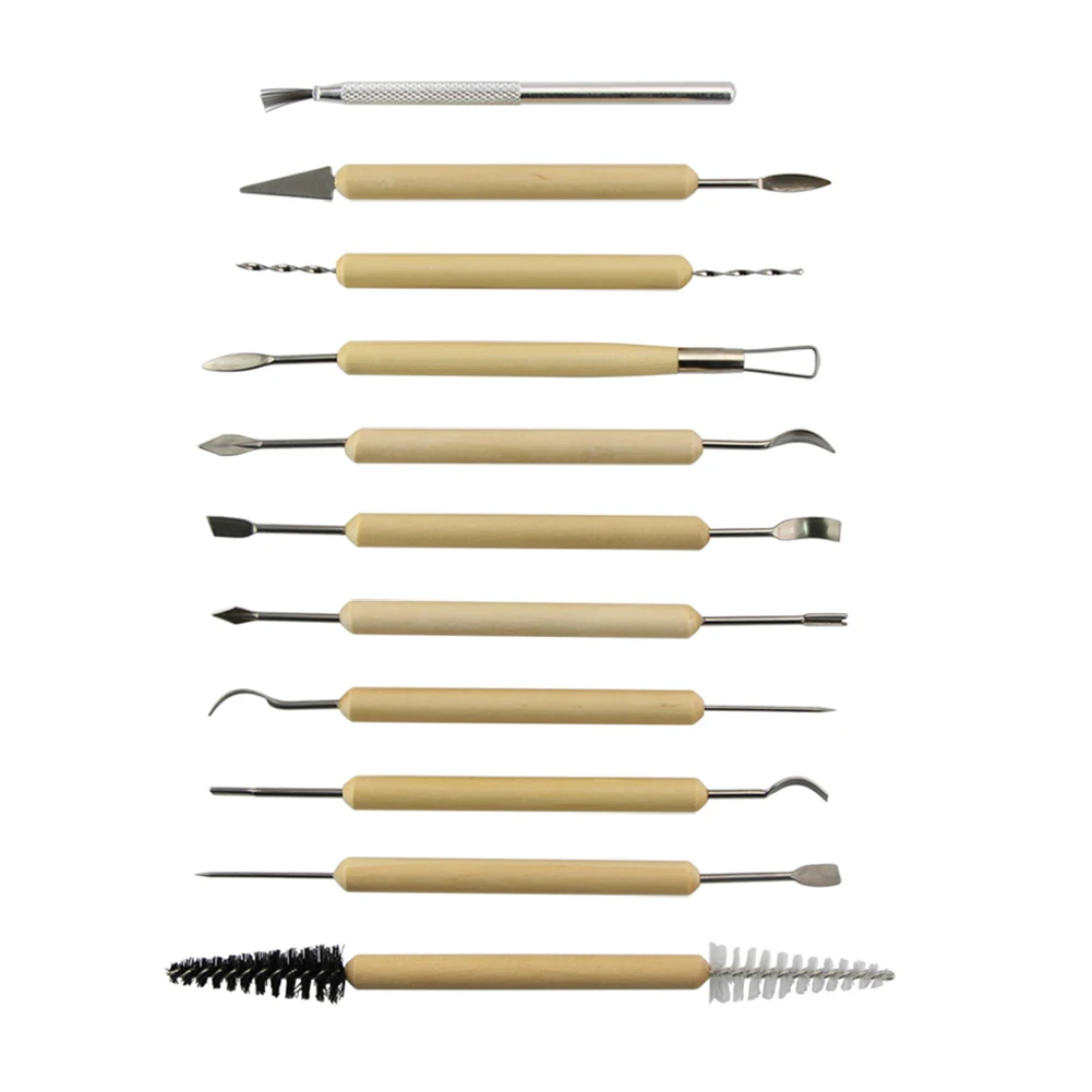 New 11 Pcs/set Pottery Clay Sculpture Carving Tool Set Wooden Handle