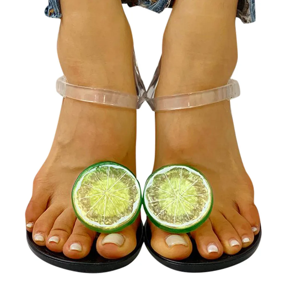 Women's sandals Fashion chaussures femme Transparent Strap sandals women Lemon Pattern Flat Sandals Beach Shoes Slides terlik