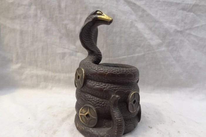 

S2406 Chinese Pure Bronze Coin Wealth Snake Serpent Statue Pencil Vase Brush Barrel D0318