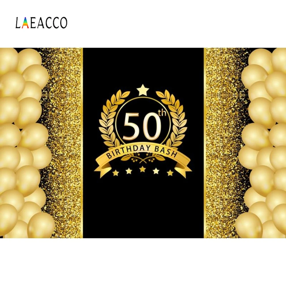

Laeacco Golden Balloons 50th Birthday Party Portrait Photography Background Customized Photographic Backdrops for Photo Studio