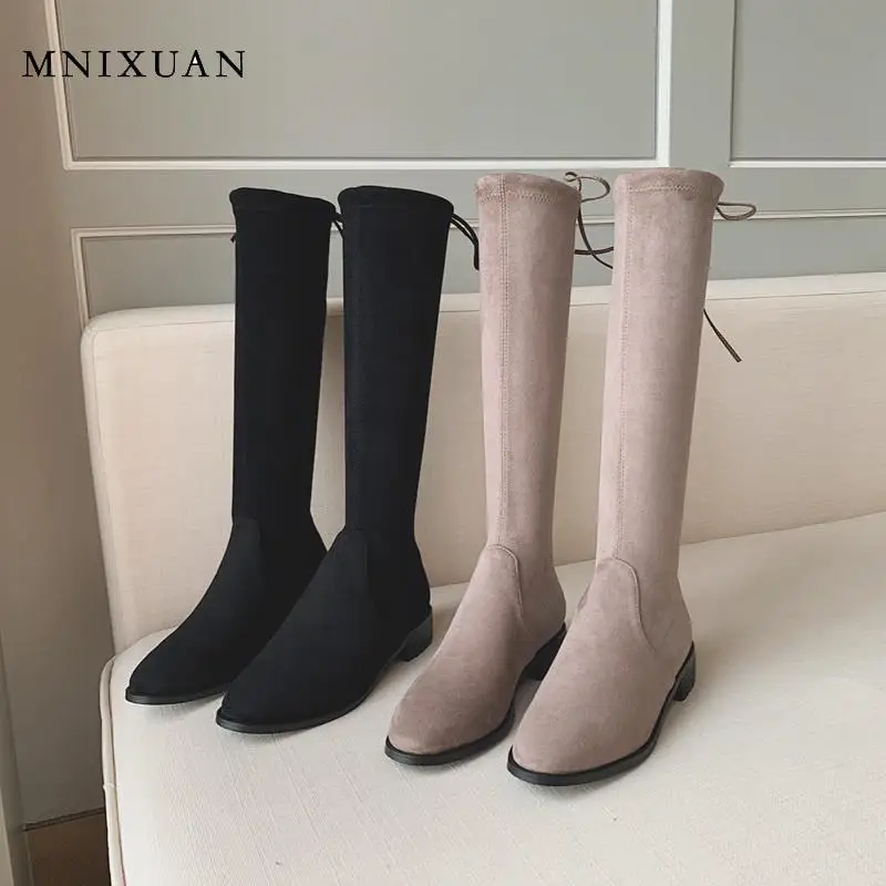 

MNIXUAN Fashion winter Knee High Boots 2019 round toe suede Women Shoes Lace Up Black Elasticity sock long boots low heels shoes