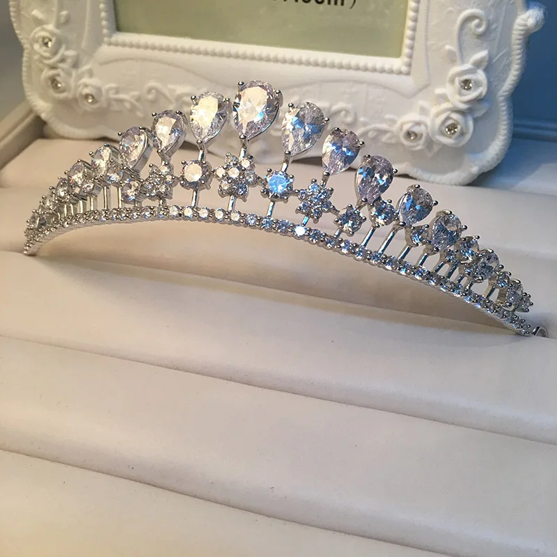 

Wedding Bridal Bridesmaid Pear Cubic Zirconia Girls white plated zircon tiara crown / headband For Prom