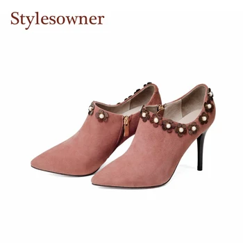 

Stylesowner Black Pink Lady Elegant Nude Boots Ankle Flower Studded 9cm Thin Heel Sexy Short Boots Woman Real Leather Bota Shoe