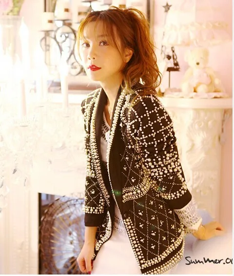 

Women's Long Sleeve Black Beading Rivet Blazer Black Hip Hop Music Festival Costumes Club Show Party Sexy DJ Cool Jacket Luxury