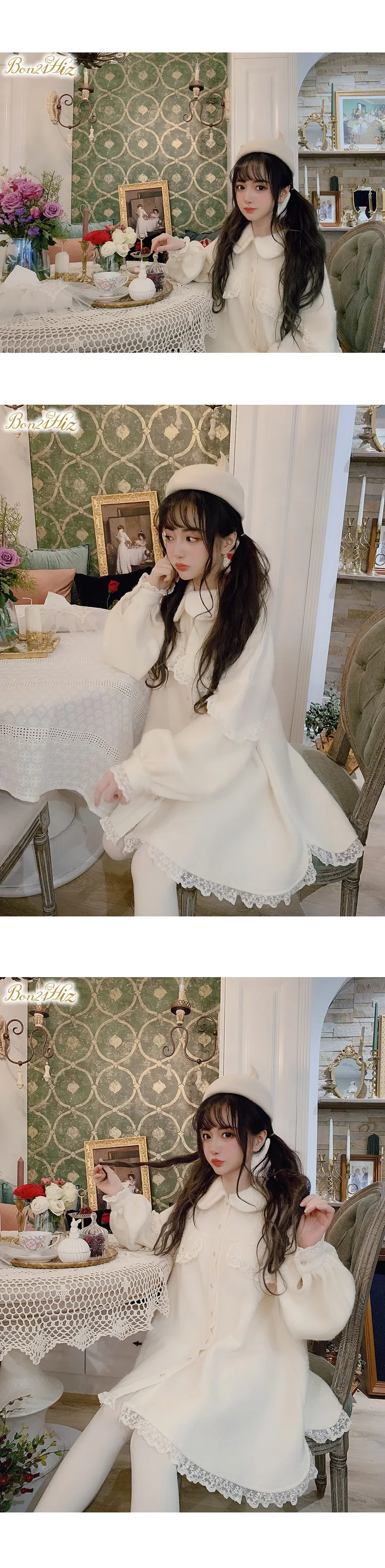 Милое платье принцессы в стиле Лолиты; BOBON21; Японское милое мягкое платье в 3 вариантах носки; кружевное шерстяное платье с рукавами-фонариками и поясом; C1712
