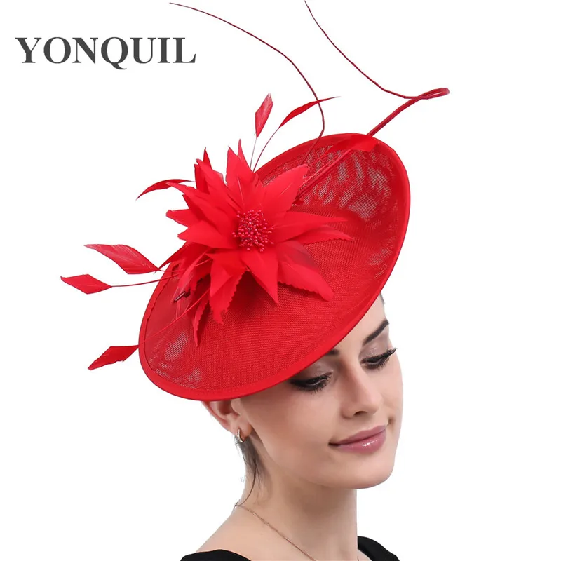 

red feathers hair accessories Kentucky derby Fascinators church hats women wedding headwear bridal ladies elegant race headpiece