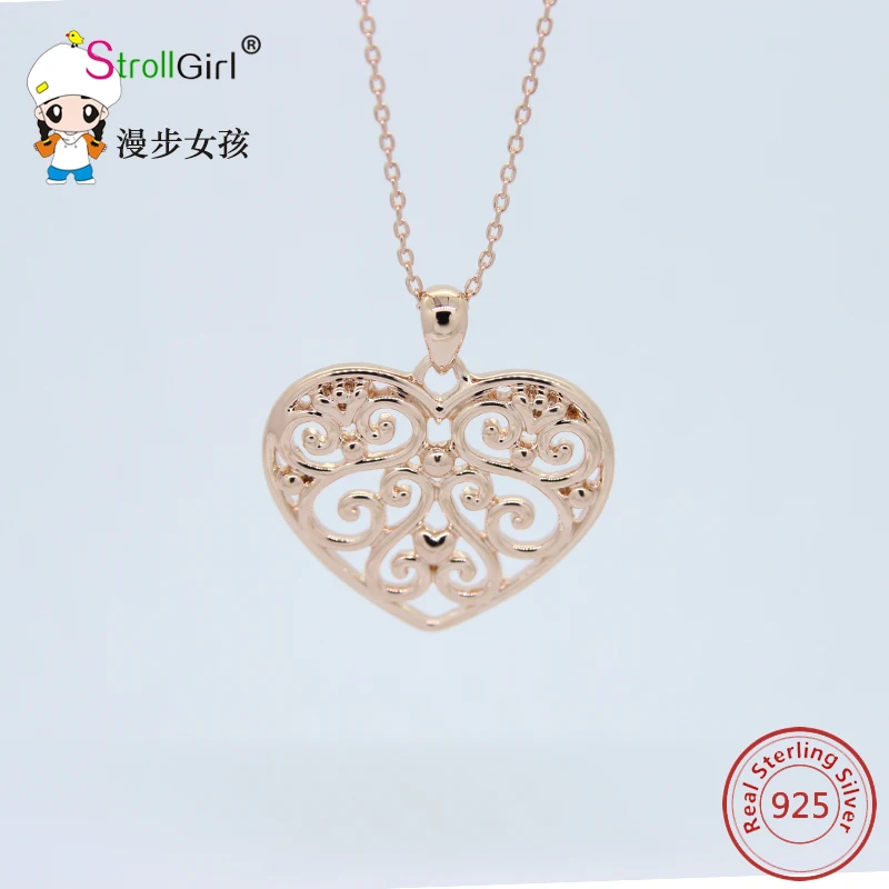 Strollgirl 925 Colgantes De Plata Esterlina Collar Hollow Hearts Colgante Cadena de Color Rosa en Oro de Joyería de Las Mujeres Regalos 925 de La Joyería