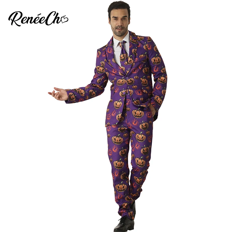 

Crazy Suit 2018 Halloween costume adult Men`s Pumpkin Costume Suit jacket pants tie 3 pieces set fantasia blazer for men