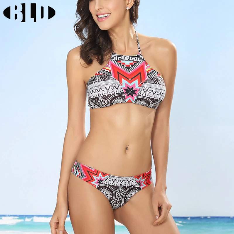 

Sexy Swimsuit Women Swimwear 2017 Bohemia Stripe Bikini with Chest Pad Push Up Bikini Set Womens Bathing Suit Overalls Red