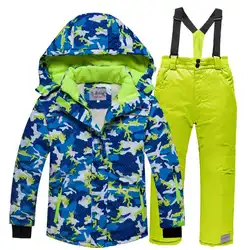 Бесплатная доставка СПСР для России для мальчиков Лыжный костюм Водонепроницаемый ветрозащитная куртка с капюшоном и штаны детский