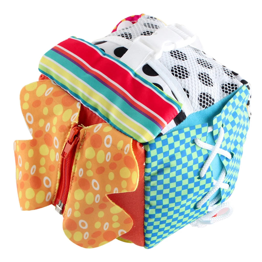 Educational Basic Life Skills Baby Toddler Learn to Dress - 6 in One Crinkle Cloth Cube Toy - Zip Snap Button Tie Puzzle