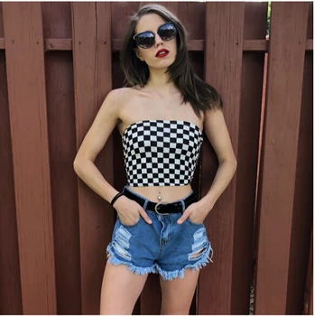 New Women Sexy Checkered Cropped Top Black White Checkerboard Pattern Plaid Crop Tops Sleeveless Tube Tank Tops Bra black long sleeves rose embroidery pattern cropped top