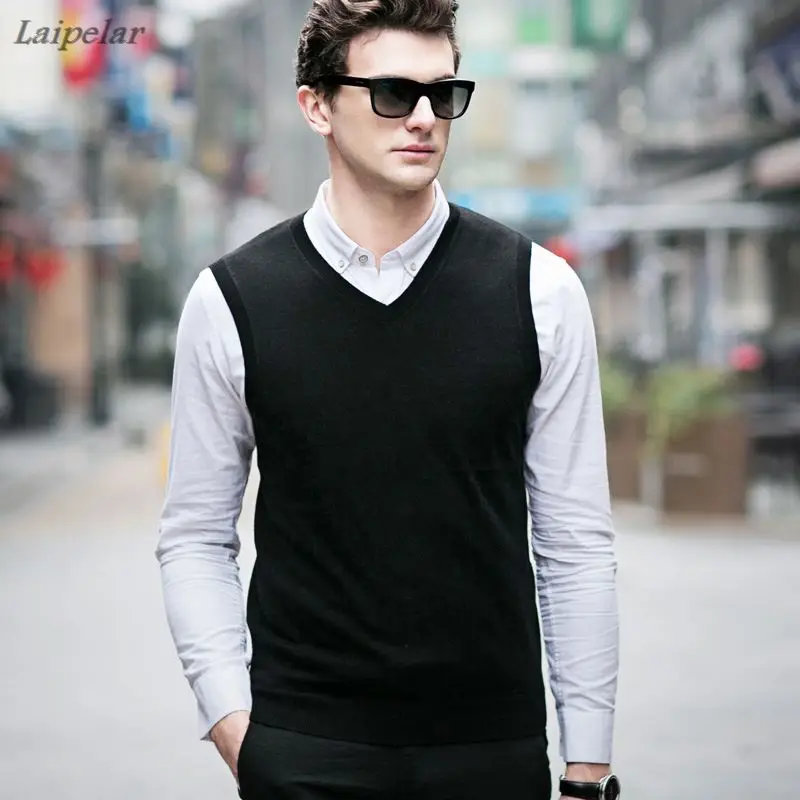 

Autumn Winter Cashmere Classic Vest Sweater Men Sleeveless Sweaters Solid Color V-Neck Wool Pullovers Men Jersey Hombre Laipelar