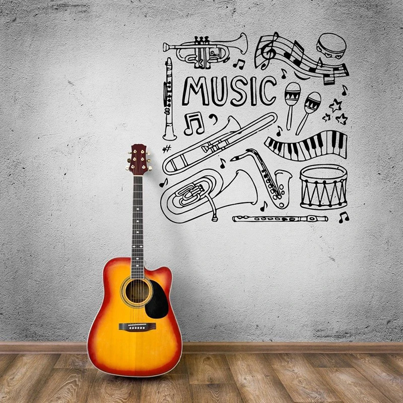 Виниловая наклейка на стену различные музыкальные инструменты Наклейка на стену Барабан Лист музыкальная студия украшения инструменты дизайн домашний декор B141