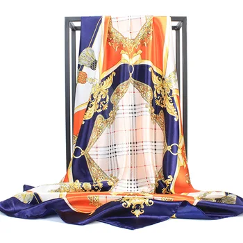 

90CM silk scarf for ladies head scarves print plaid chain large scarves foulard fashion satin Wraps hijab shawl neckerchief