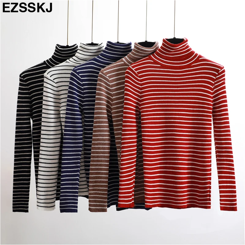 

Autumn Winter Turtleneck striped Sweater Women Knit Casual Pullovers Long Sleeve high Elasticity female Cashmere sweater basic