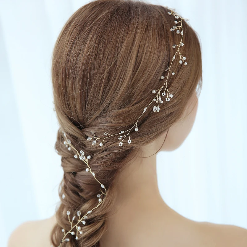 

SLBRIDAL Golden Wired Rhinestones Crystal Pearls Wedding Headband Bridal Hair Vine Hair Accessories Bridesmaids Women Jewelry