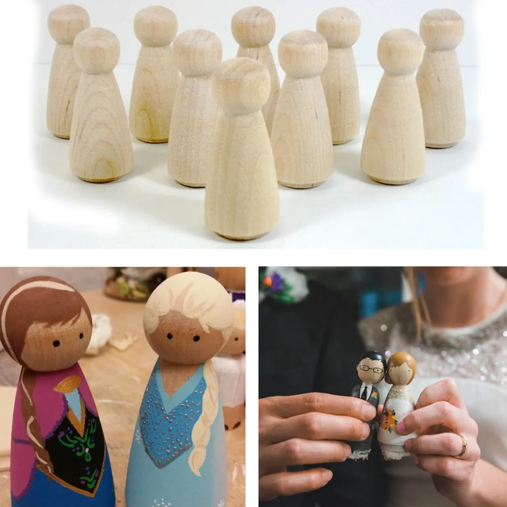 

10Pcs/Set Wooden Peg Dolls Family DIY Crafts Cake Topper Kid's Printed Decoration Baby Unpainted Wood Art Craft Paint Stain