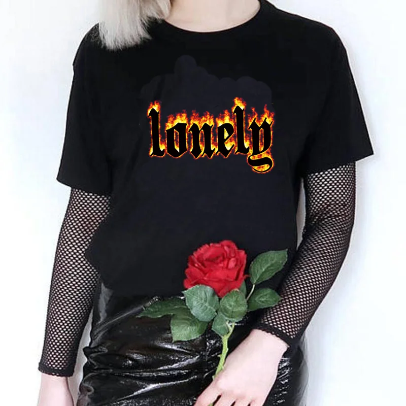 HAHAYULE футболка унисекс Lonely Flame 90s хипстер гранж графический Tee Tumblr Модный Милый Белый Топ - Цвет: Black-Lonely Flame