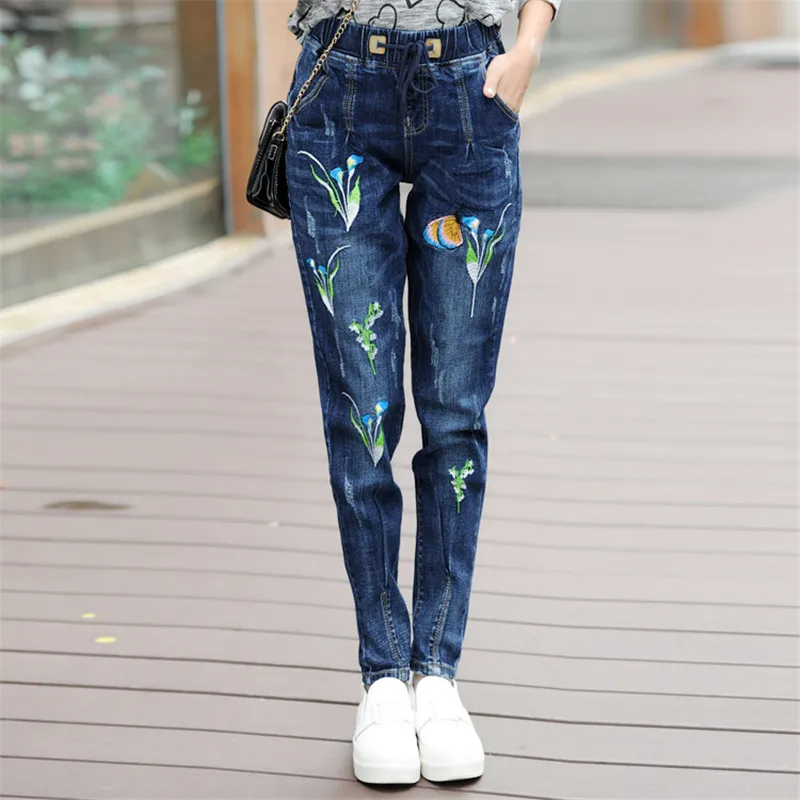Korean New Fashion Embroidery Ripped Jeans for Women Autumn Appliques