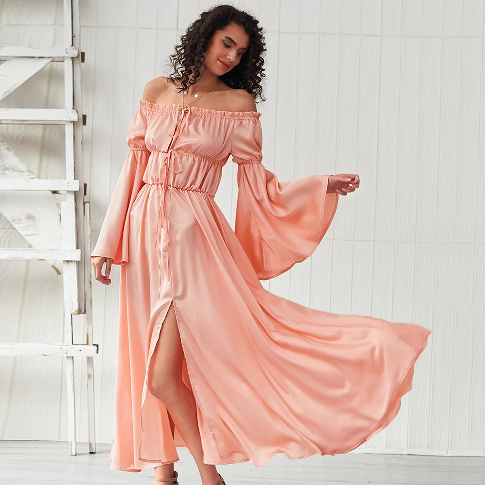 

Women vintage dress Summer Retro Bell Sleeve Ruffled Coral Pink Elegant Fashion A-line solid off shoulder Long Dress party maxi