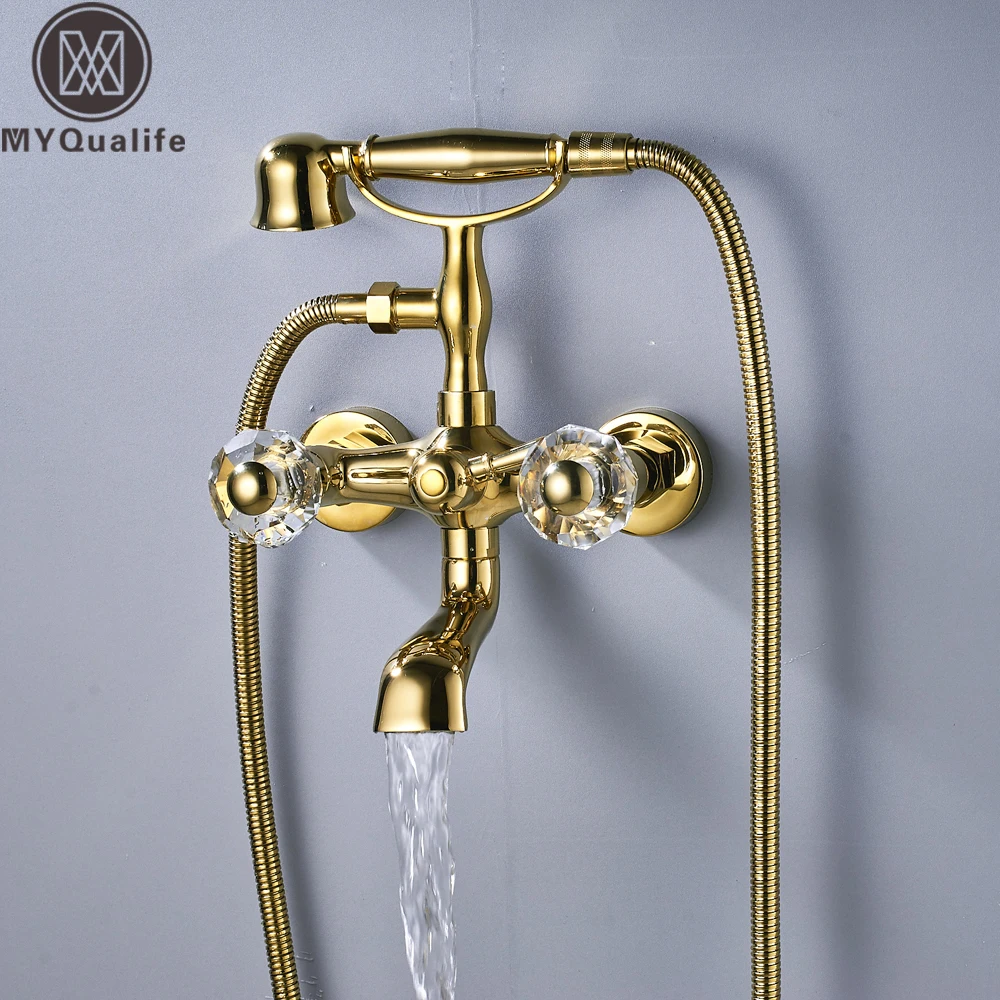 

Golden Bathtub Faucet Dual Crystal Handle Bath Shower Set Mixer Faucet Wall Mount Tub Sink Tap with Handshower