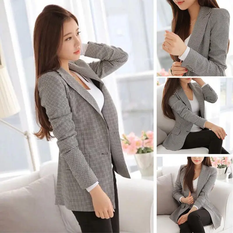 2017 Women Plaid Blazers and Jackets Suit Ladies Long Sleeve Work Wear Blazer Plus Size Casual Female Outerwea