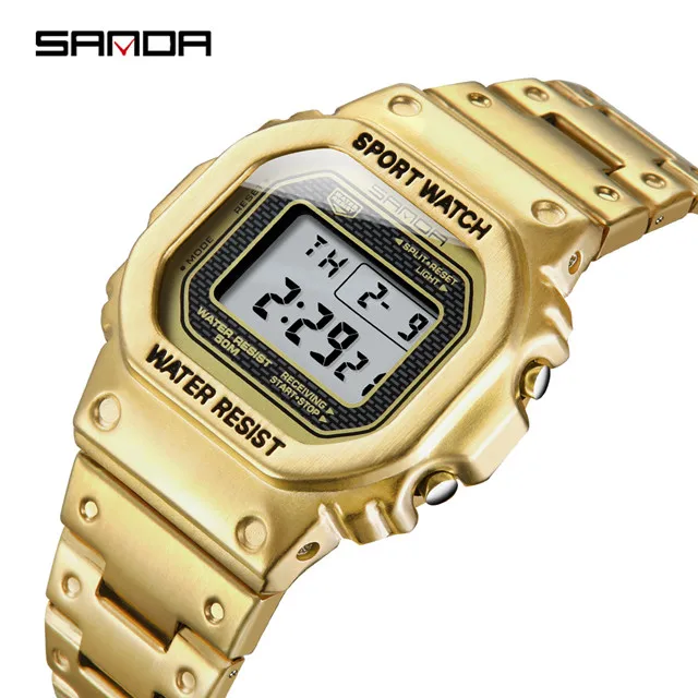 SANDA мужские часы модные кварцевые спортивные часы мужские из нержавеющей стали брендовые деловые водонепроницаемые цифровые часы Relogio Masculino - Цвет: Gold