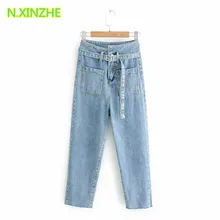Женская одежда Высокая талия с поясом карманы однотонные потертые джинсовые капри прямые брюки женские модные повседневные свободные хлопковые джинсы