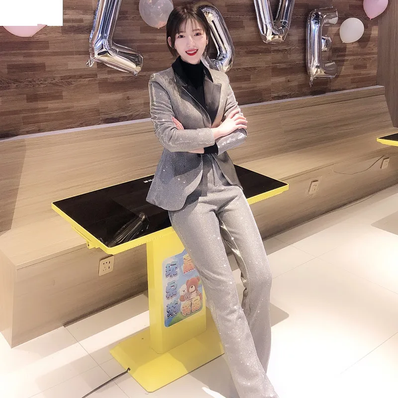 Blazer Long V Bureau Femmes Tenue Cou Set 2 Veste Unique De Mince Mode Travail Staight Bouton Pantalon Outfit Bling Pièces Argent tvwq1Pv