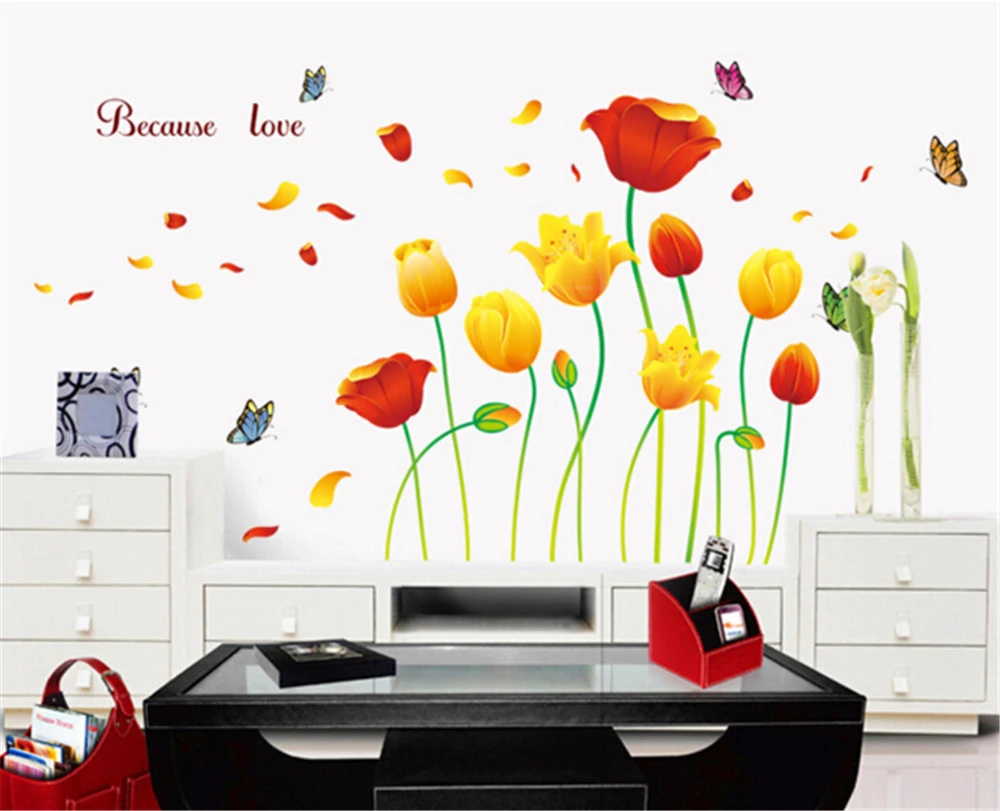 Romantic Red And Yellow Tulip Flying Butterfly Tv Background