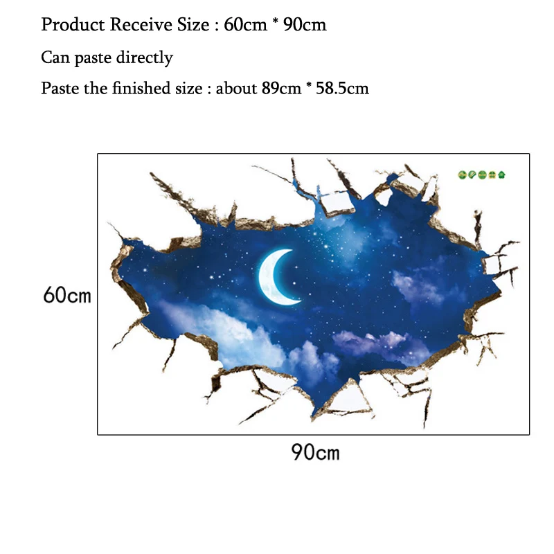 Наклейки на стену с изображением ночного Луны и неба, разбитое отверстие, 3D, для детской комнаты, спальни, фона, домашний декор, художественные наклейки, пейзаж, накладные наклейки на окна