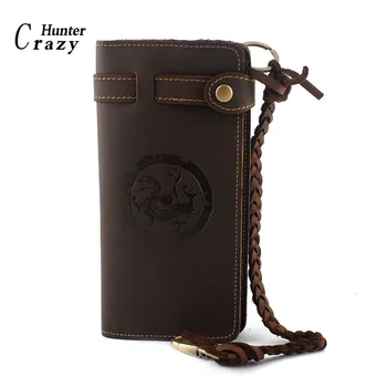 

Dragon Men's Crazy Horse Leather Wallet Vintage Style Checkbook Wallet with Chain