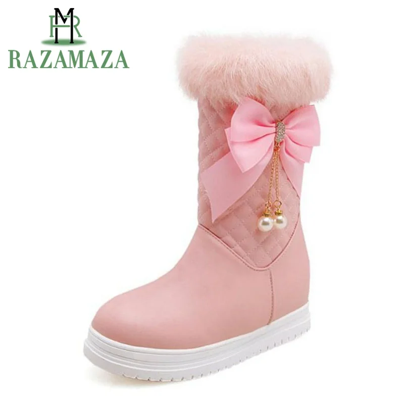 

RAZAMAZA Fashion Lady Wedges Boots Bowknot Thick Fur Warm Shoes Women Winter Short Snow Boots Plush Mid Calf Footwear Size 33-43