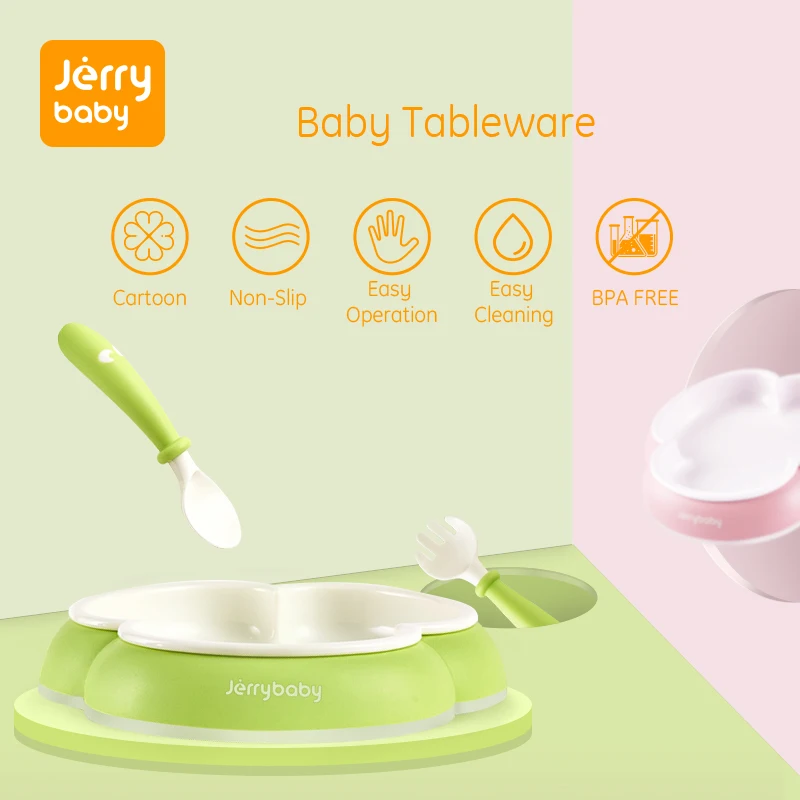 Jerrybaby Baby Silicone Dining Dinnerware BPA Free Toddler Train Spoon Cartoon Plate Tableware Fruit Tray Kid Food Feeding Dish