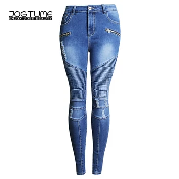 

Women's Biker Jeans Zipper Femme Denim Ripped Jeans for Women Stretch Mid Waist Blue Skinny Jeans Female Casual Pencil Pants