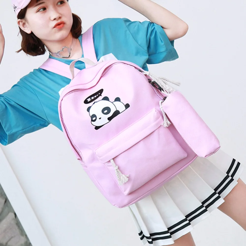 4 шт./компл. холст Для женщин рюкзак для девочек с принтом милой панды; школьные рюкзак сумка для подростков книга Mochila Feminina