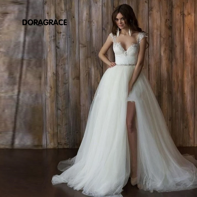

vestidos de novia Unique Beach Short Wedding Gowns Designer Wedding Dresses With Detachable Train DG0102