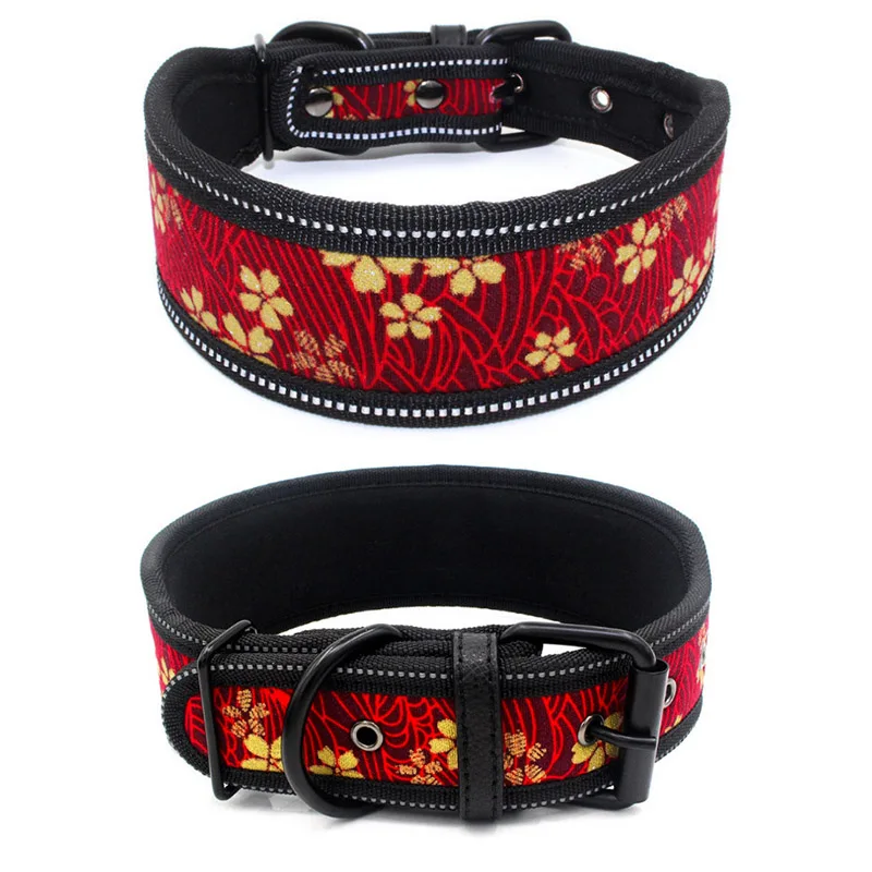 Heavy Duty Adjustable Pet Dog Collar for Small Medium Large Dogs Reflective Puppy Big Dog Collar Leash Chihuahua Beagle Collars - Цвет: Red Flower