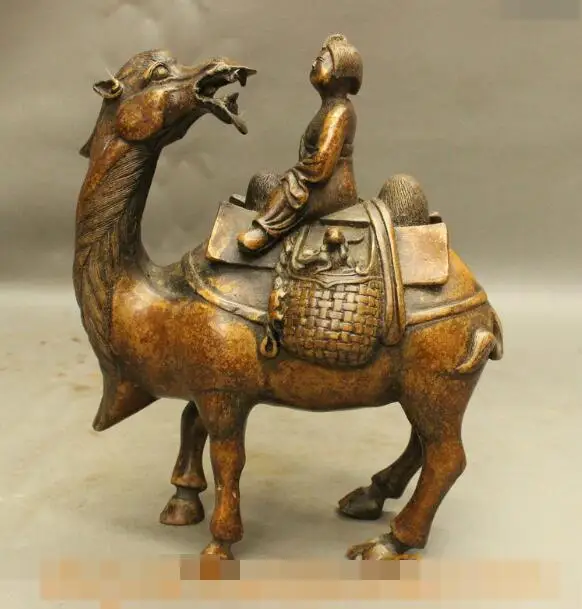 

S7080 8" Folk Chinese Bronze Archaic Itinerant Trader People Riding Camel Statue D0318