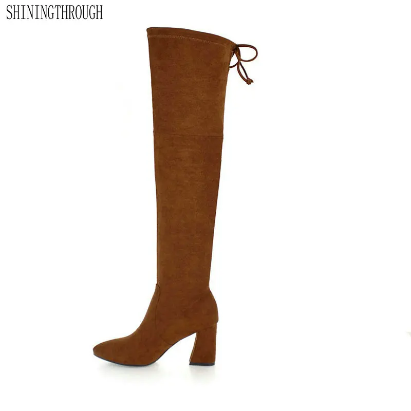 

New genuine leather high heels over the knee boots woman pointed toe women boots office lady dress party shoes black brown